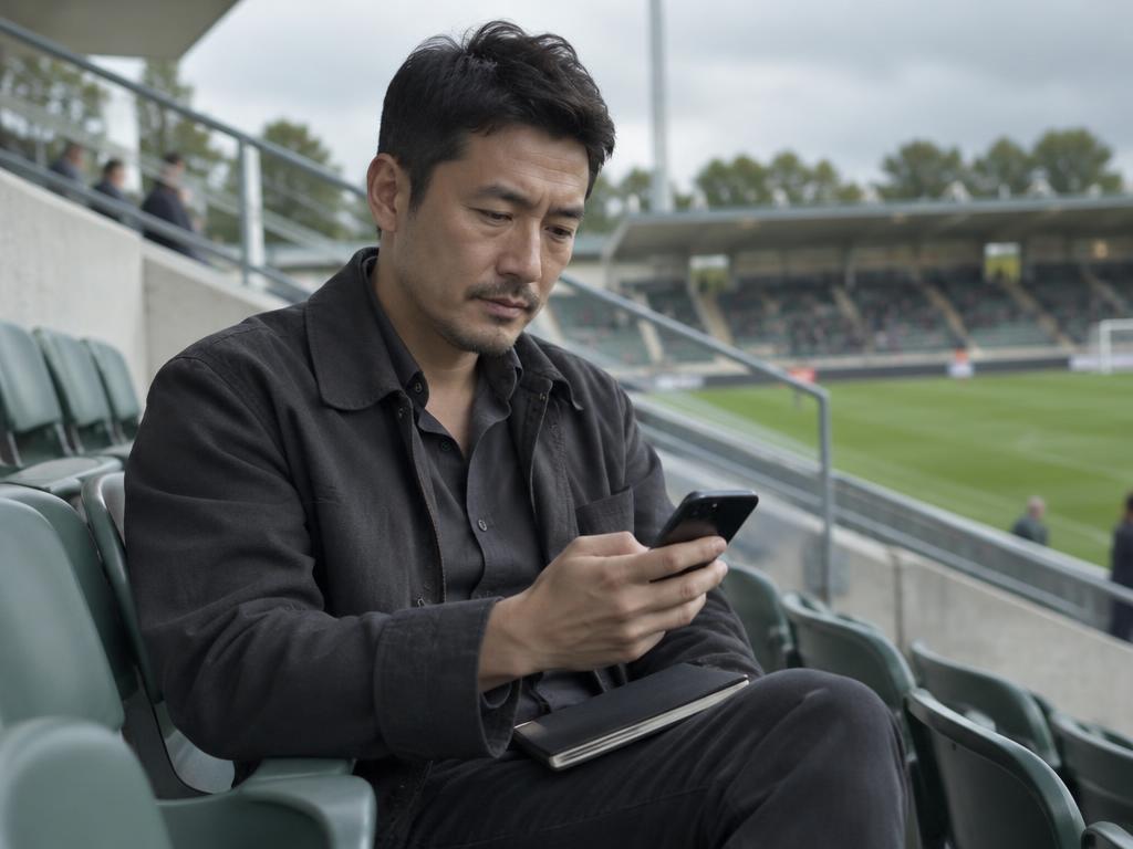 An agent checking a phone with a notebook in a football stadium stand