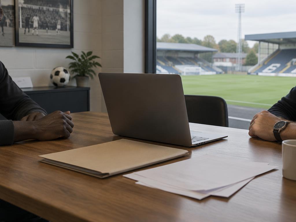 Club professionals’ hands beside folders and a laptop overlooking a stadium