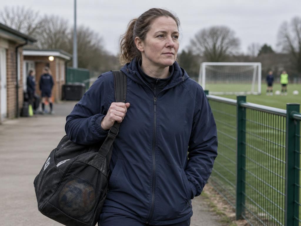 A coach carrying a kit bag beside a community football training pitch