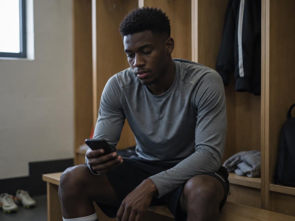 A player checking his phone beside changing-room lockers